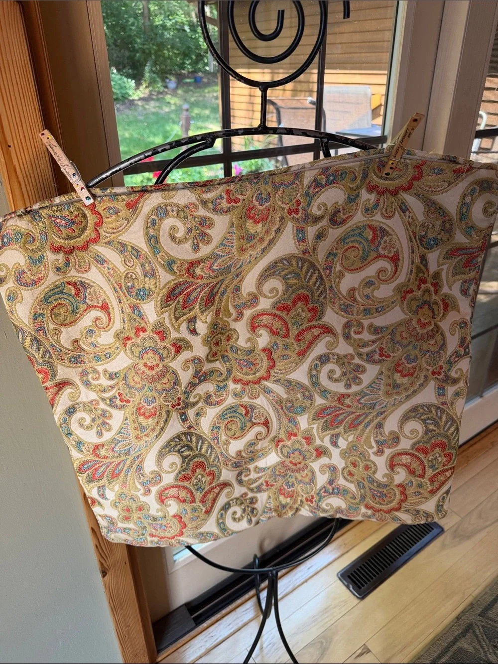 Paisley Print Fabric Pillow Cover Sham - Cream Base w Red, Green & Gold Paisley